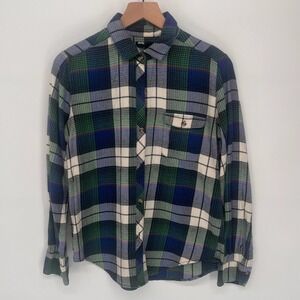 BDG Plaid Flannel Button Down Shirt Womens Medium‎ Green Blue Cotton Long Sleeve